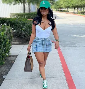 Women's Low Waist Button Bodycon Mini Cargo Denim Skirt with Pocket