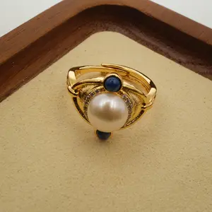 Handcrafted Freshwater Pearl & Lapis Lazuli Adjustable Open Ring, Art Deco Stackable Statement Ring for Women, Hypoallergenic Gold-Plated Costume Jewelry, Statement Rings