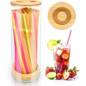 Straws Holder Dispenser for Counter, 10-Inch Drinking Straw Dispenser, Acrylic Straw Organizer with Bamboo Lid, Includes 100 Straws, Transparent Straw Storage Container for Kitchen, Pencils and Silverware