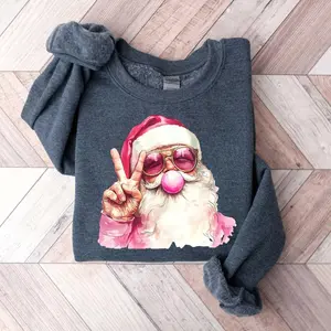 Christmas Bubble Gum Peace Sign Sweatshirt, Santa Blowing Bubble Shirt, Pink Christmas Santa Shirt, Retro Christmas Shirt, Santa Sweatshirt R2H