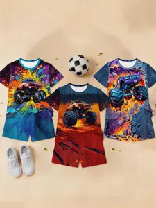 Boys' 3D Flame Tractor Short Sleeve Set, Cool Off-Road Truck Print Casual Two-Piece, Perfect for Parties, Festive Gifts, Birthday Presents, Graphic Print Set