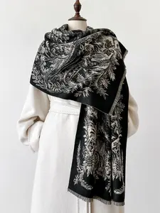 Women's Elegant Plants Jacquard Double Sided Tassel Decor Scarf, Boho Style Scarf, Casual Soft Warm Shawl for Fall & Winter, Fashion Accessories for Daily Wear