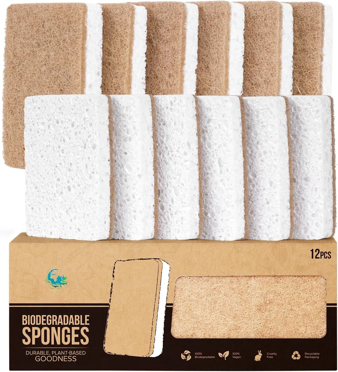-Based Kitchen Sponges - FSC Certified and PETA Approved, , , Biodegradable Sisal  Sponges for Dishes, Cleaning Sponge for Kitchen, Bathroom, Household - 12 Count