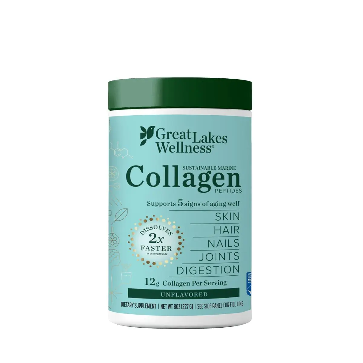 Great Lakes Wellness Sustainable Marine Collagen Peptides - Wild Caught MSC Certified - Unflavored Hydrolyzed Protein Powder - Support for Skin, Hair, Nails, Joints & Digestion - iGen Non-GMO - 8 oz