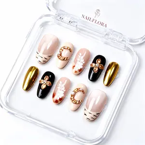 【BUY 3 GET 1 FREE】 NailFlora Gilded Noir – Handmade Floral Press-On Nails | Reusable Salon-Quality 3D Nail Set