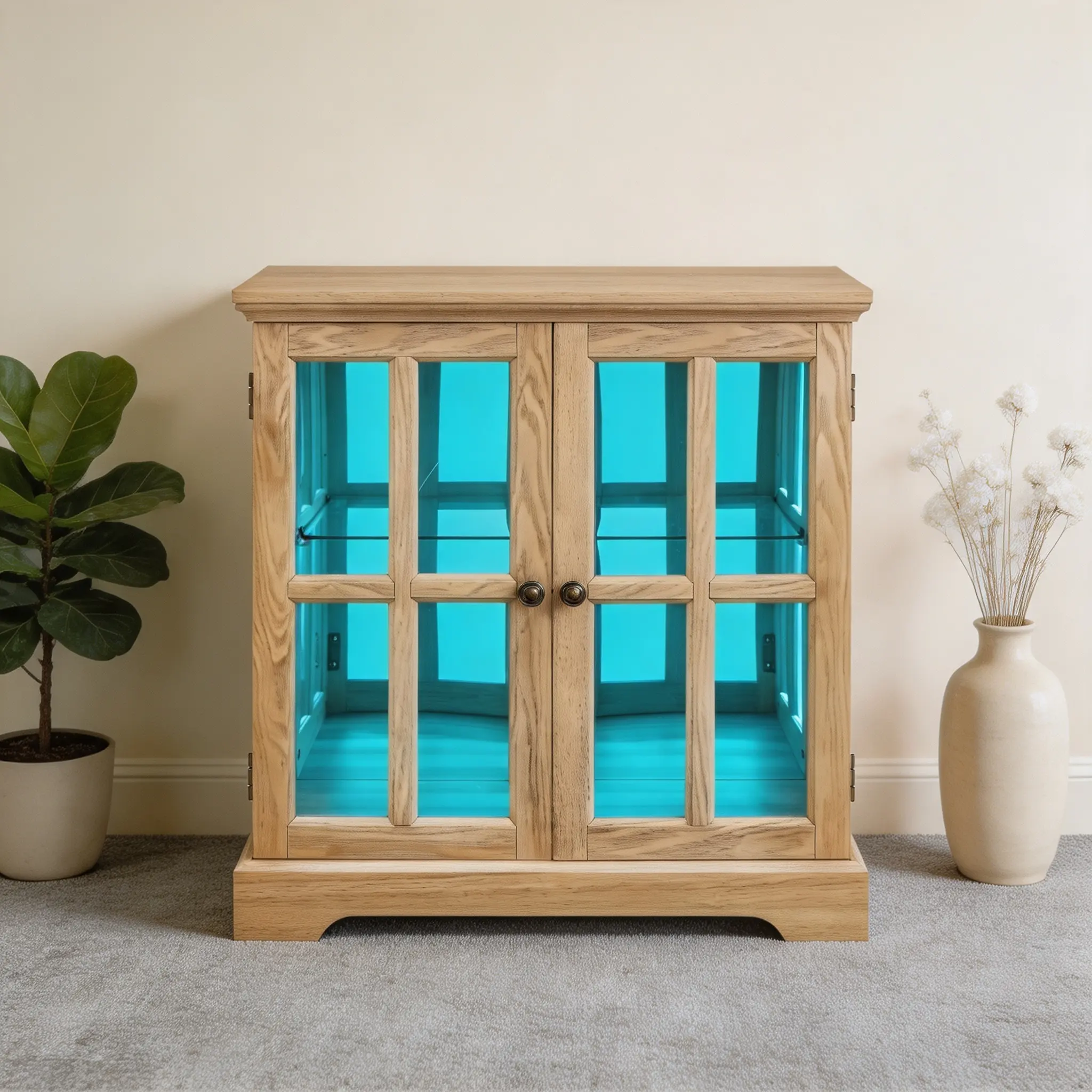 LED Display Cabinet with Lattice Doors, 4 Adjustable Shelves, Oak | Antique Curio Cabinet with 7-Color Lights for Collectibles