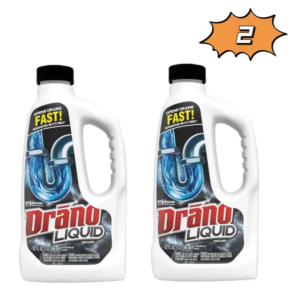 Drano Liquid Drain Cleaner 2 Pack, 32 Fl Oz (946ml) Per Bottle Fast Acting Drain Opener, Unclogs  Bathtub Shower Drains, Dissolves Hair Grease Soap Scum Clogs for Household Pipes