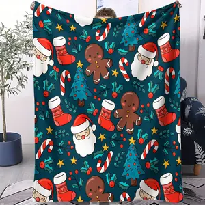 Christmas Cute Gingerbread Man Flannel Blanket: Christmas Food Elements Like Gingerbread Men, Candy Canes, Gingerbread Houses, Can Be Used As A Christmas - Themed Throw Blanket, Bedroom Holiday Decor Blanket, Sofa Leisure Blanket, Soft and Skin - Friendly