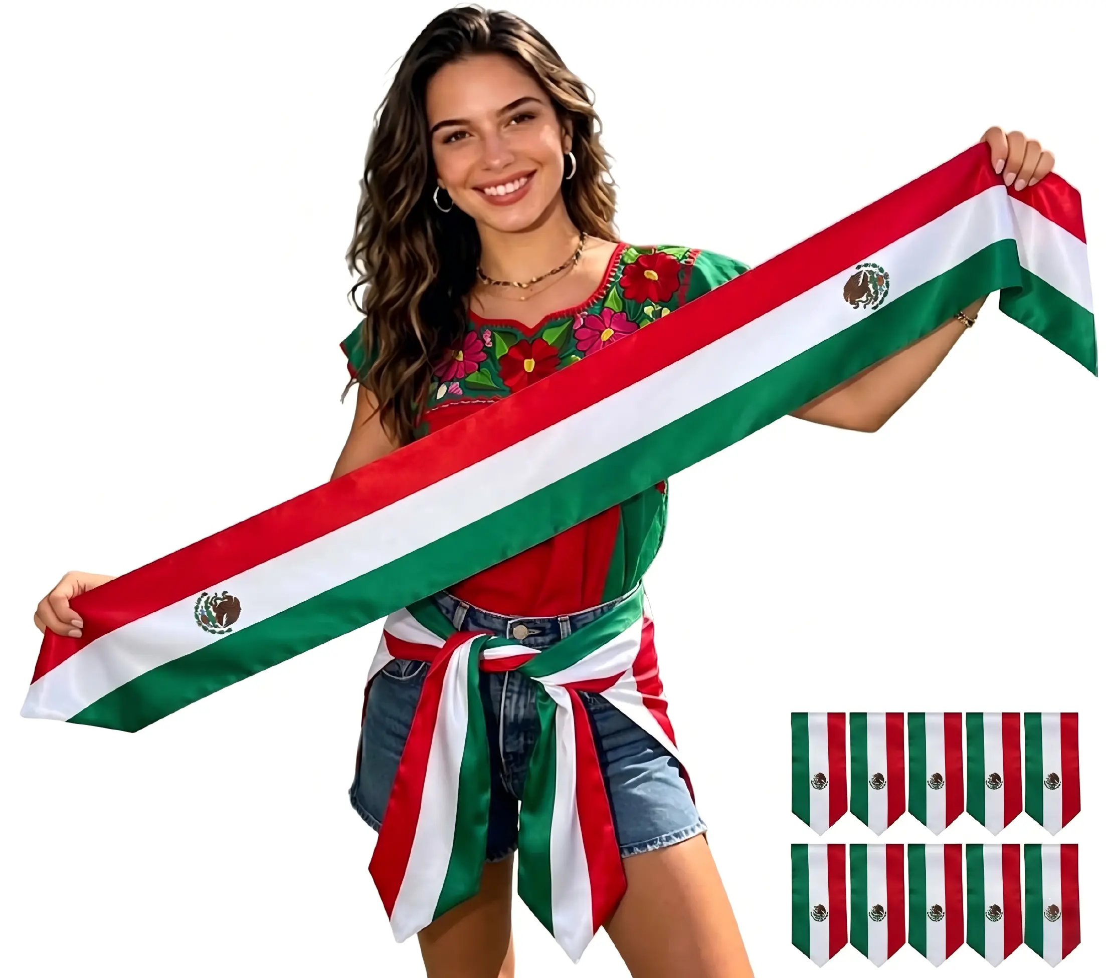 【10 Pcs】Mexico Soccer Fan Scarf,  Team Pack, National Team Colors,  National Flag Design, Satin Material Lightweight Ideal for Summer, for party, for game day, for football game night,  6 × 53 Inches