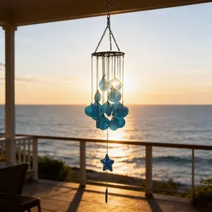 Garden Seashell Wind Chime, Hot Melt Glass Colorful Wind Chime, Iron Art Home Garden Decoration Hanging Ornament, Outdoor Decorative Item