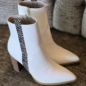 Oasis Society Boot - White faux Leather with Zebra Print Side Panel & Pointed Toe Design