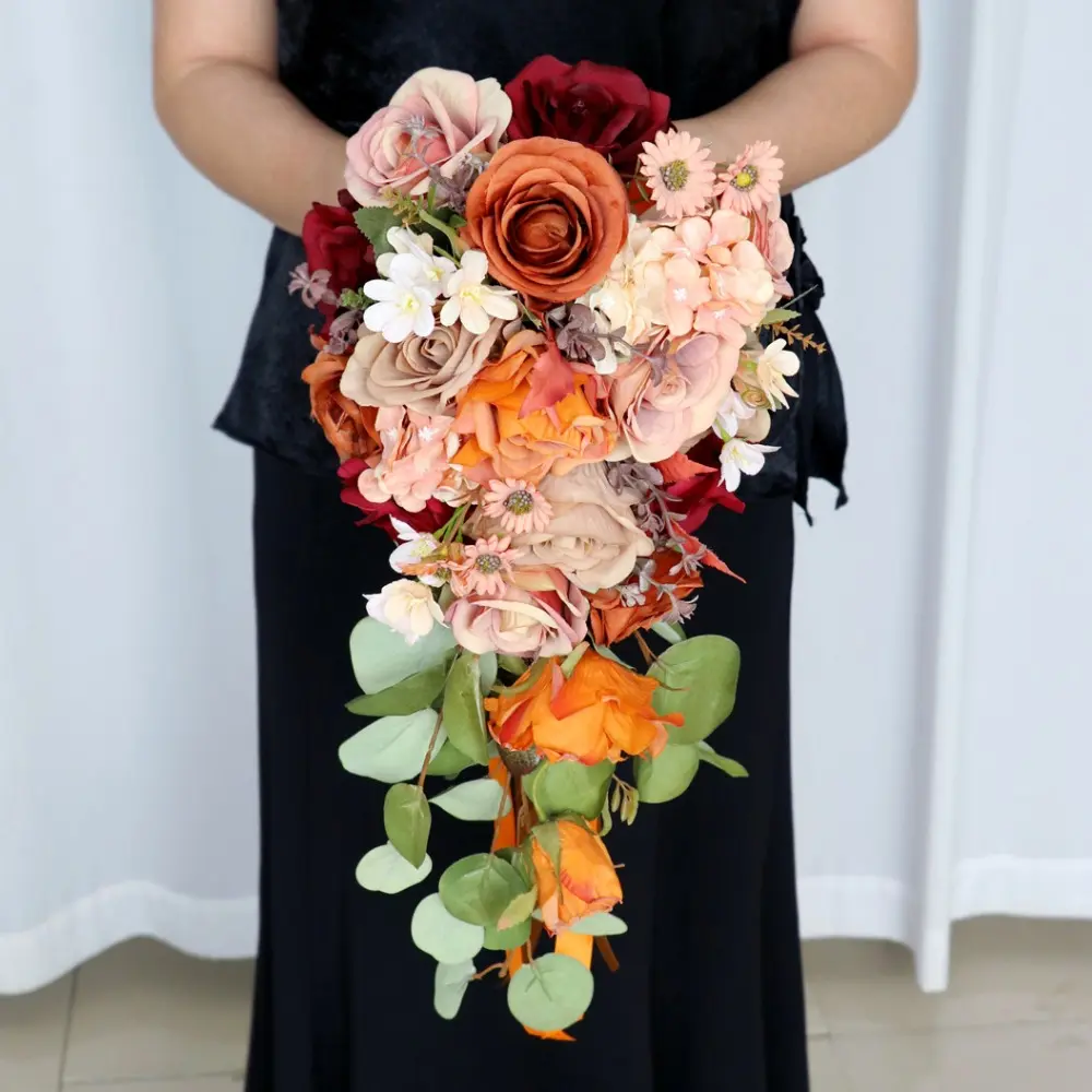 Elegant Teardrop Bridal Bouquet in Champagne Tone, Handmade Wedding Flower Arrangement for Ceremony