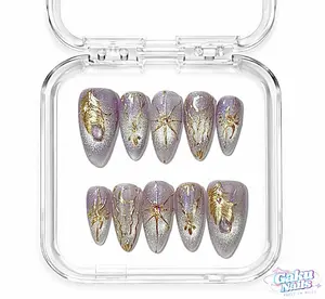 GAKUNails ICY CELESTE Press On Nails - 10-Piece Medium Almond Handmade Cat Eye Builder Gel Multi-Pack with 3D Gems, Gold Accents, Gold Charms, Heart Prints for Romantic Valentine’s Day