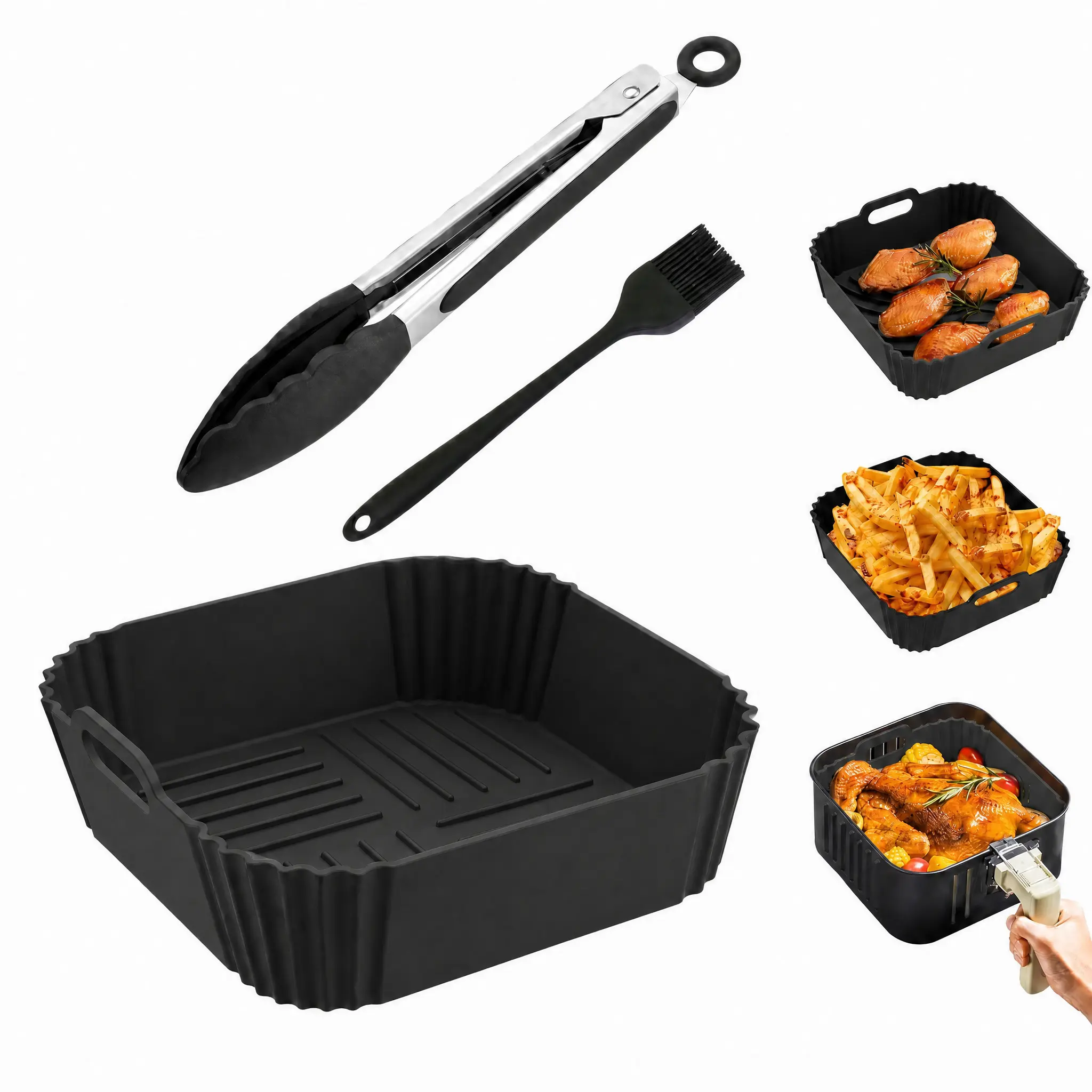Reusable Silicone Air Fryer Liners Set Tongs & Brush | Round & Square, 2 Sizes, Non-Stick, Fits 5-8 QT, Oven & Microwave Safe defrosting, Nuwave