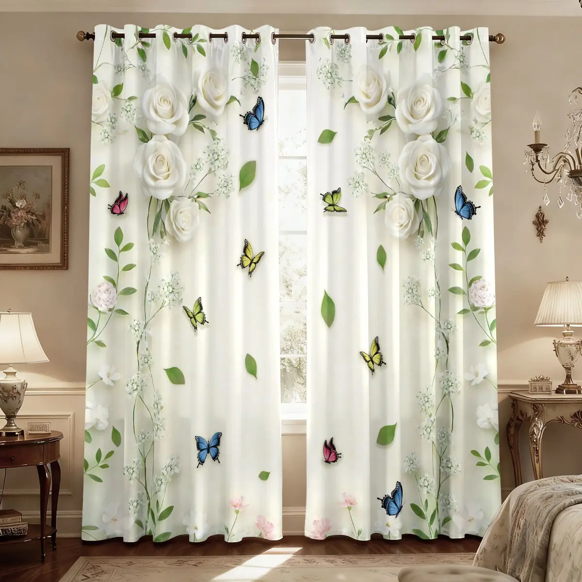 2-piece pack of fresh white rose butterfly curtains, Home Decorative Curtain, watercolor flower print, perforated light-blocking curtains, suitable for living room, bedroom, kitchen outdoor, etc.