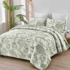 Botanical Quilt Set King, Sage Green 3 Pieces Toile Floral Plants Printed Bedspread Soft Lightweight Microfiber Coverlet Set for All Season (104"x90")