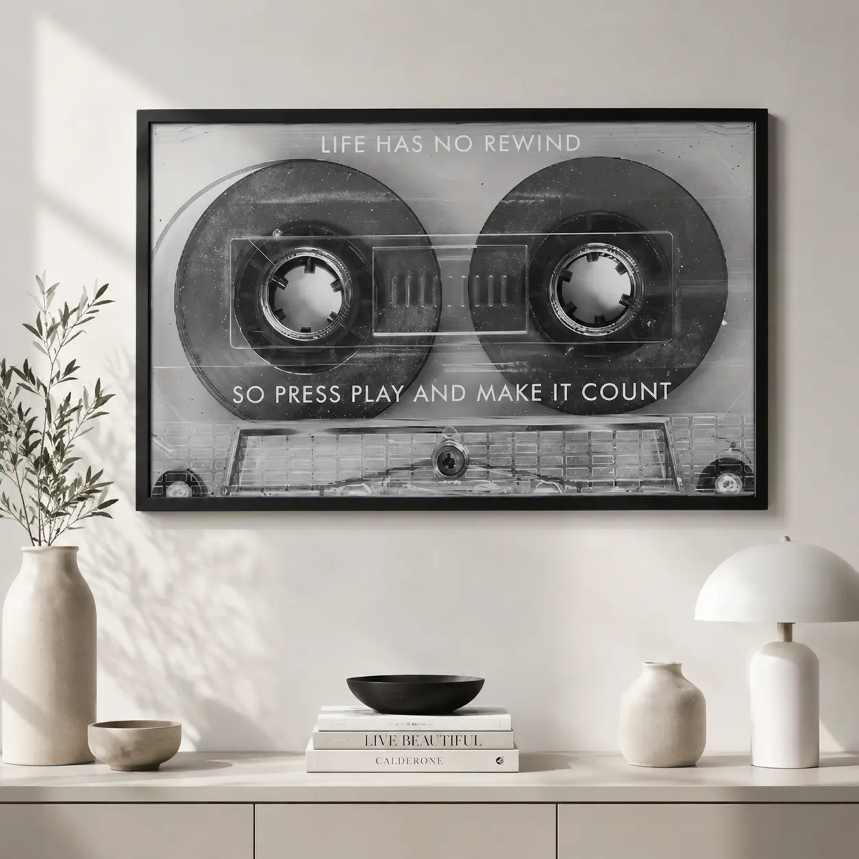 “Life Has No Rewind” Cassette Canvas Wall Art – Motivational Quote Poster, Retro Music Aesthetic Decor for Office & Home
