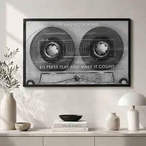 “Life Has No Rewind” Cassette Canvas Wall Art – Motivational Quote Poster, Retro Music Aesthetic Decor for Office & Home