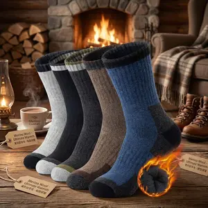 Men's Merino Wool Hiking Socks - 5 Pairs Thick Warm Thermal Winter Crew Socks for Cold Weather Outdoor Activities Trekking Camping Comfortable Moisture-Wicking Breathable Durable Performance Socks for Men
