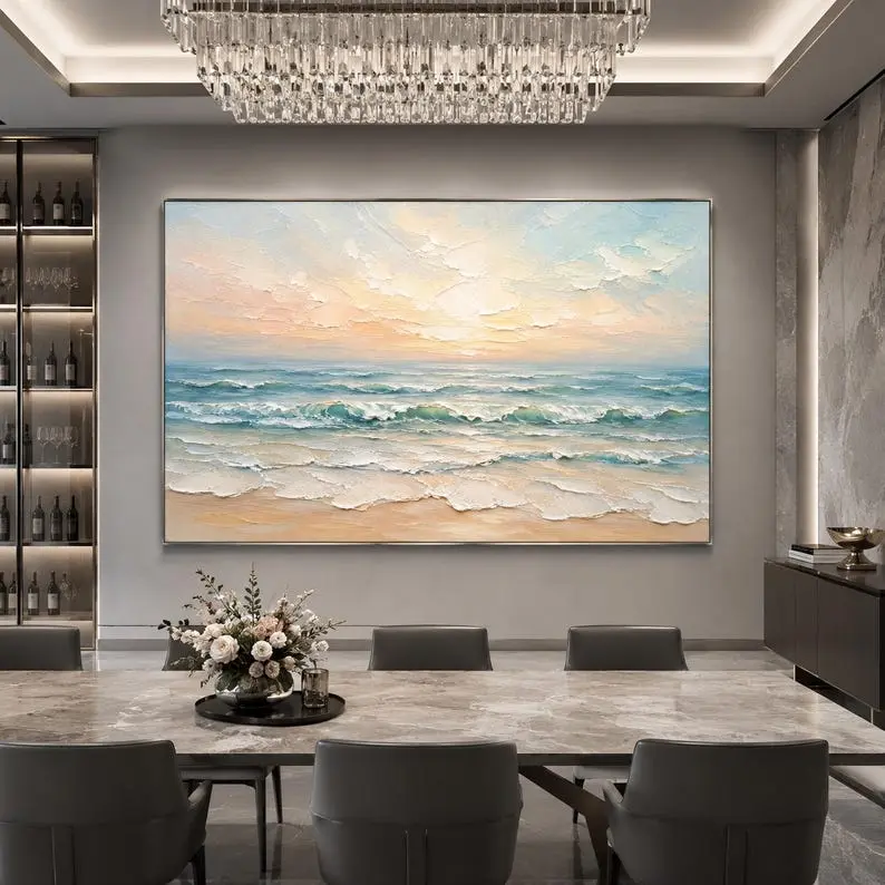 Ocean Sunset Wall Art, Pastel Blue and Peach Coastal Seascape Print| Framless Poster