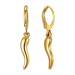 OIDEA Women's Gold Stainless Steel Faux Horn Italian Cornicello Drop Earrings - Latin-Inspired Lucky Amulet Hoop Dangles, Sicilian Charm Birthday Gift Pair, Earring Stack with 0.14in Width, 0.37in Hoop Diameter, 0.73in Drop