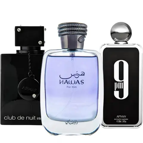 Men's Fragrances Multi-Pack - Rasasi Hawas, Armaf Club de Nuit Intense, Afnan 9PM - 3.4 fl.oz Colognes with Ambergris and Musk Add Smooth Depth Fragrance Collection