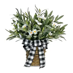 Rustic Hanging Floral Basket with Buffalo Plaid Bow | Artificial Daisy Front Door Decor | Farmhouse Aesthetic