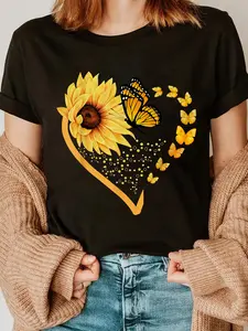 100% Cotton Sunflower Butterfly Heart Summer Floral Girls Women T-Shirt