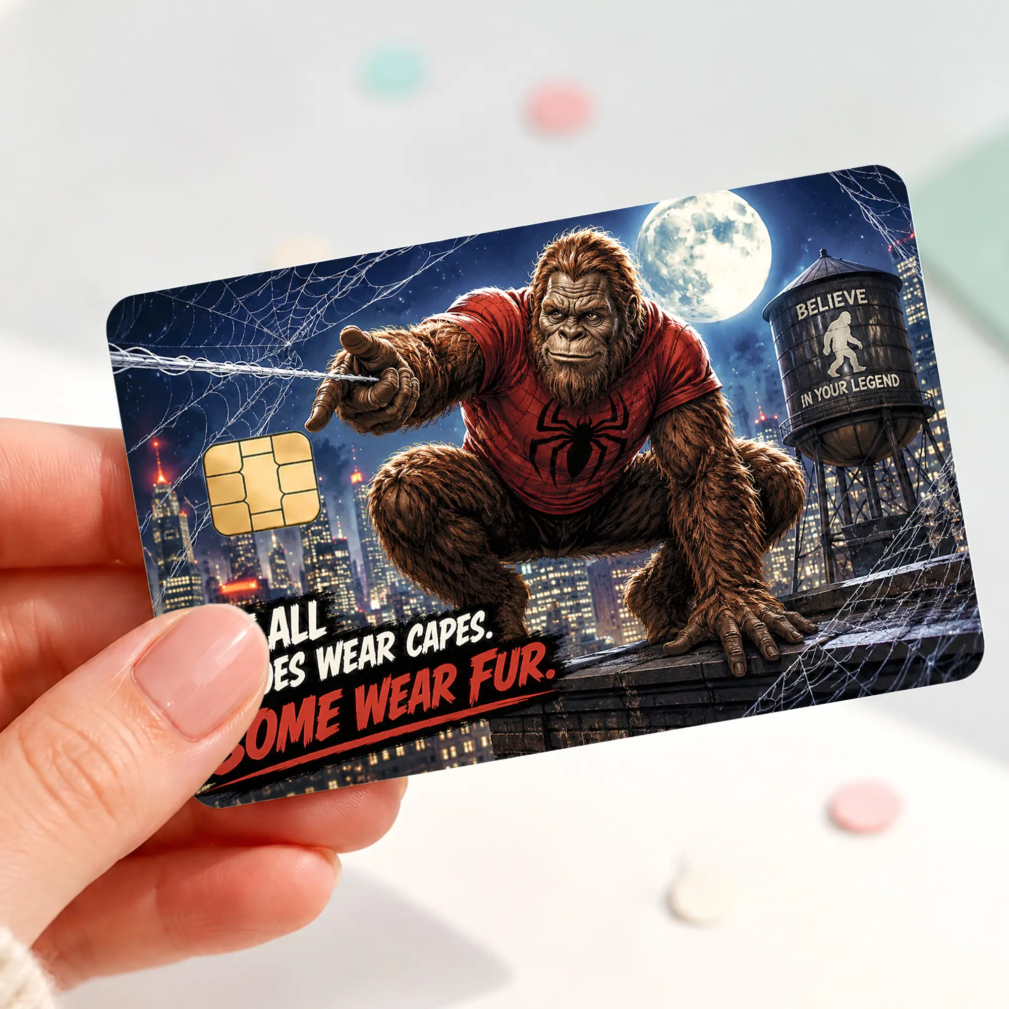 Web Slinging Bigfoot Credit Card Skin Sticker, Red Suit Cryptid Debit Card Cover, Funny City Hero Bank Card Decal, Sasquatch Lover Card Wrap Gift