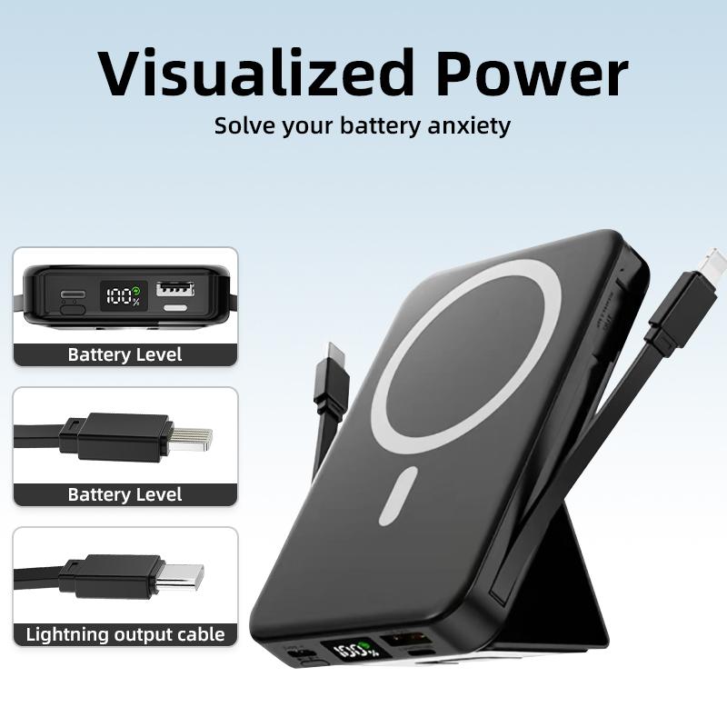 3-in-1 Magnetic Charging Power Bank 10000mAh, 22.5W Fast Charging with HD LED Display. Portable charger with stand, compatible with iPhone and Android phones. Magnetic charging is only compatible with iPhone 12/13/14/15/16.