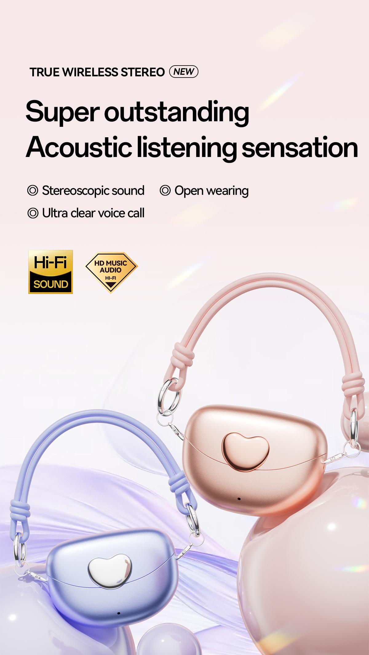 Chengruida M106 Cute Heart Shaped Bag Open Ear Clip-On Headphones, Panoramic Surround Sound Bluetooth Earbuds for All-Day Wear