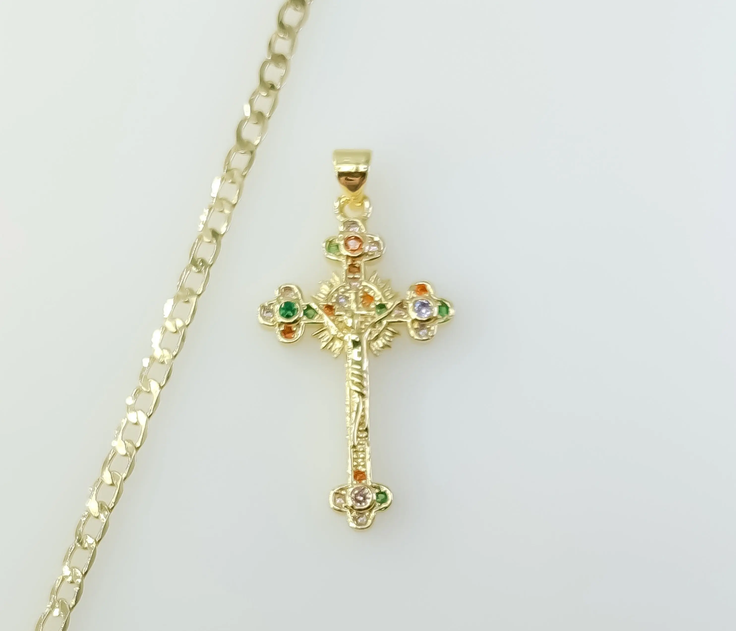 Plated Small Cross Jesus Crucifix 14K 3mm Cuban Chain Necklace