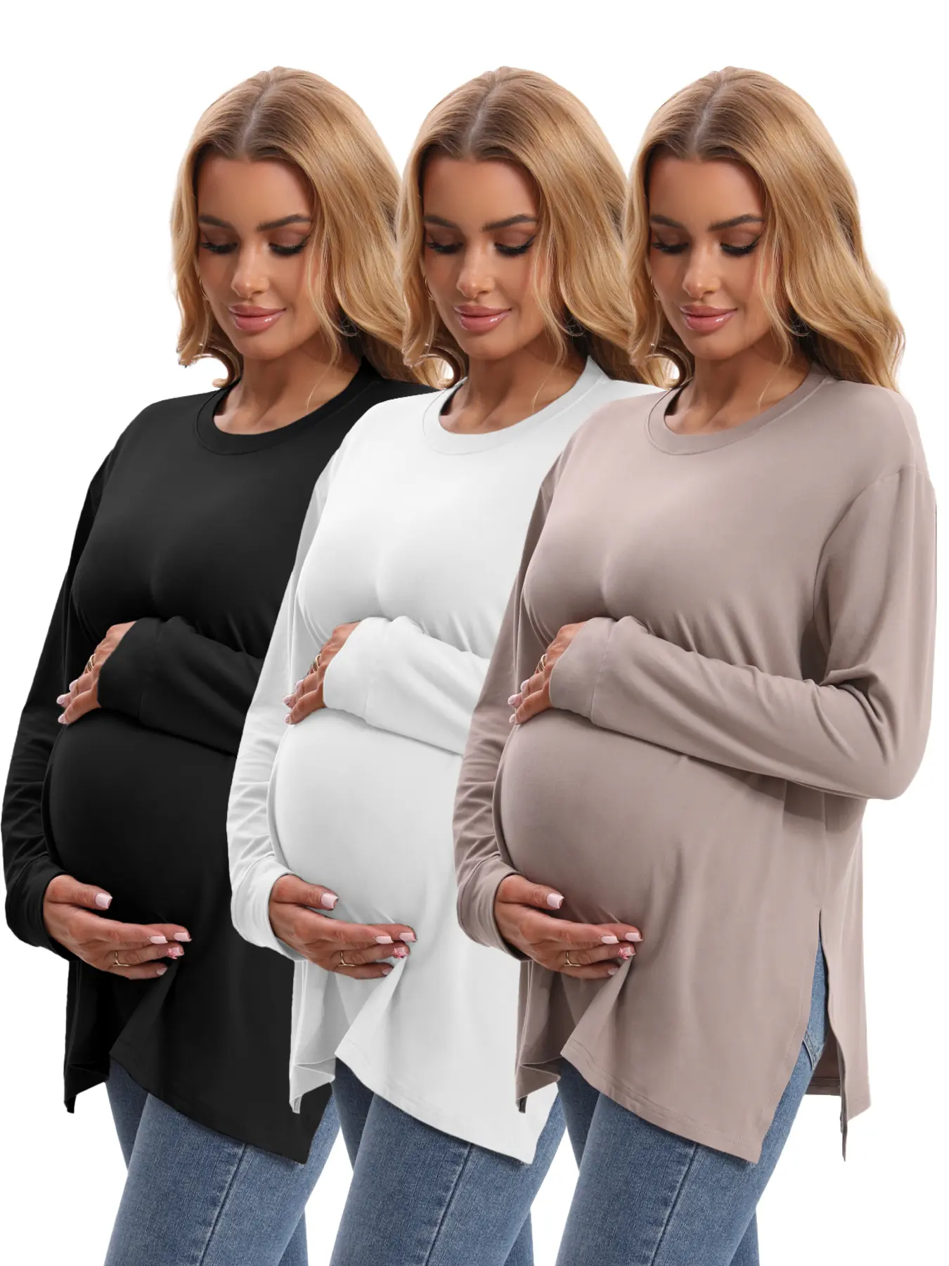 HovSiyla Women's 3-Pack Maternity Long Sleeve Crewneck Tops, Loose Fit Casual Shirts with Side Slits, Gentle Stretchy Activewear for Yoga & Daily Wear