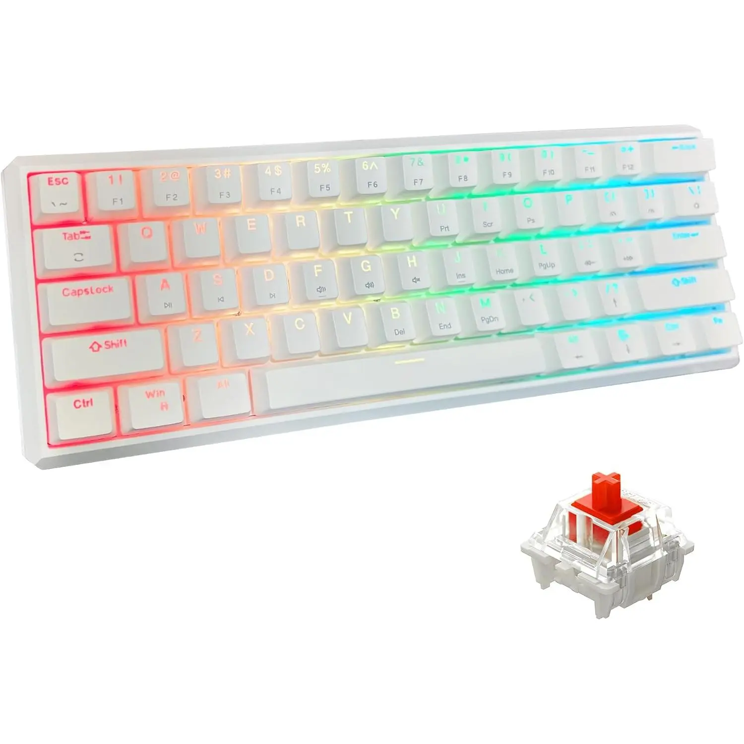 60% Wired Mechanical Gaming Keyboard for Video Game & PC, Portable RGB Backlit 61-Key Small Keyboard (Red White, Red Switches)