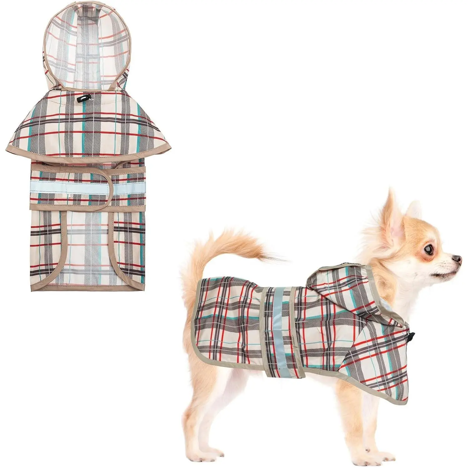 Waterproof Dog Hooded Slicker Poncho with Leash Hole, Adjustable Reflective Strip Plaid Fabric Raincoat for Small-Medium Dogs, Rain Protection for Rainy Days, Beige S, Waterproof Coat, Breathable