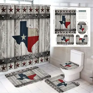 1/4pcs Texas State Flag Shower Curtain Set with Wooden Planks Pattern, Rustic Western Bathroom Accessories (Toilet Cover, 2 Bath Mats) - Patriotic Red Stars & White Outlines for 4th of July, Veterans Day, Western Themed Decor