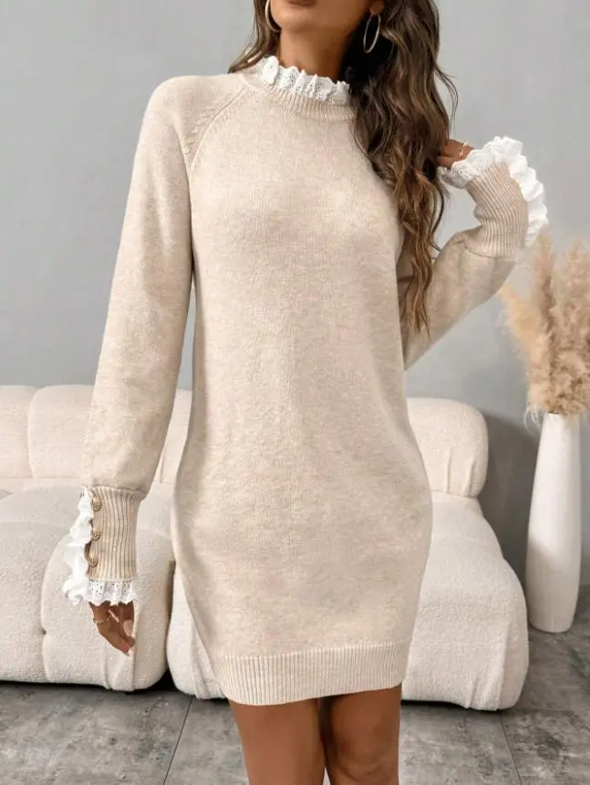 USEEN Women's Beige Floral Lace Trim Sheer Knit Sweater Dress - 2026 New  Long-Sleeve Lady's Knitwear, Fall-Winter Elegant Minimalist Style Casual  Chic Outfit - TikTok Shop