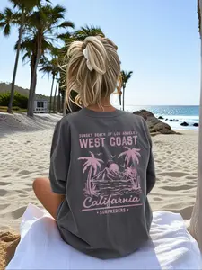 Women's Casual Streetwear Round Neck T-Shirt, Tee, West Coast Coconut Tree Print, Soft Breathable Fabric, Light, Perfect Summer Top, Daily Commute Wear