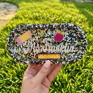 Teacher Appreciation Trinket Tray Personalized with Glitter Design and Educational Icons for Gift Giving