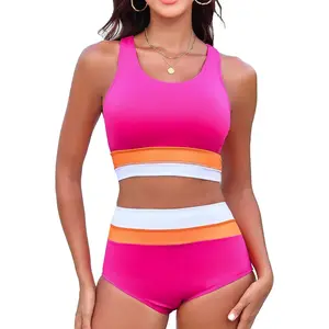 Ombré High Rise Bottoms - Swim Women's High Waisted Bikini Sets Two Piece Swimsuit Color Block Sporty Athletic Moderate Coverage Bathing Suits