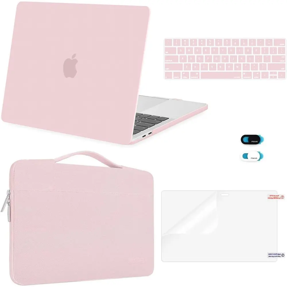 MOSISO Plastic Hard Case Bundle for 13 in MacBook Pro (M2 2025-2026, M1 2016-2024, A2338 A2251 A2289 A2159 A1989 A1708 A1706) - Includes Laptop Bag, Keyboard Skin, Webcam Cover, Screen Protector, Rose Quartz, School, Slim Fit, Office, 13 Inch, Hybrid