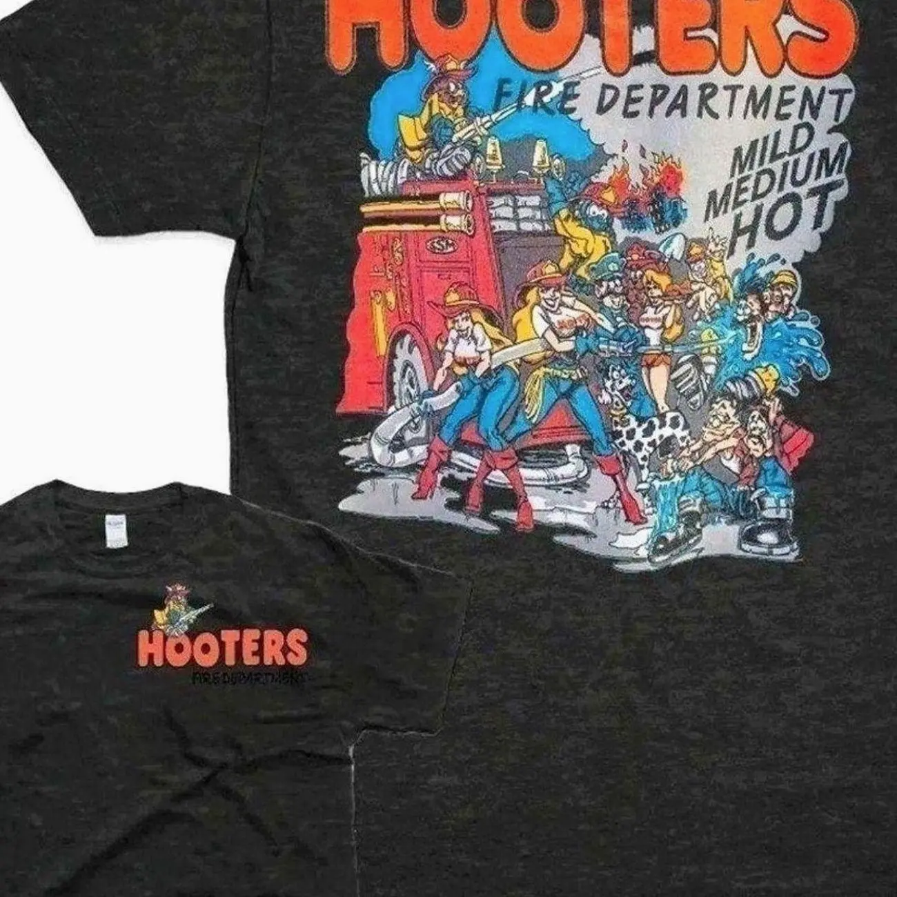 Vintage Hooters Fire Department Graphic T-Shirt, Retro Cartoon Firefighter Tee, 90s Style Hooters Uniform Inspired Top, Unisex Streetwear Fire Department Shirt, Black Casual Cotton Crewneck Tee for All Ages H2E L9R 2K9 9F2 XEZ SZI OB1 SR8