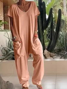 Women's Loose Comfortable Short Sleeve Pocket Onesie Pajamas, Lazy Home Wear, Casual Comfort, Loungewear, Perfect for Relaxing at Home