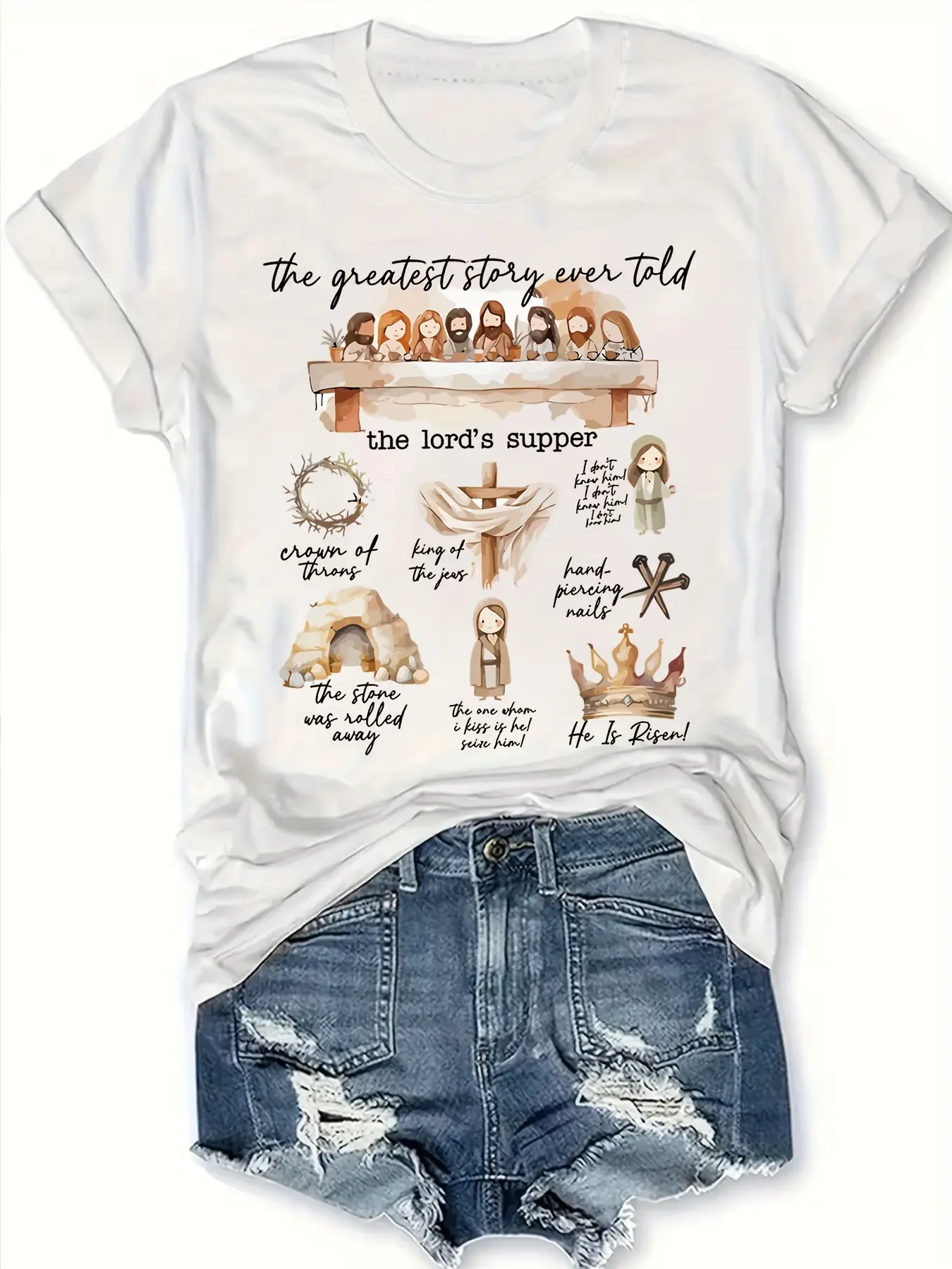 [Christian Easter T-Shirt] Easter&Easter Story Christian Easter He Was Resurrected Print Crew Neck T-Shirt - Women's Four Seasons Casual Short-Sleeved Round Neck T-Shirt Clothing