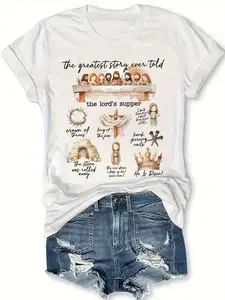 [Christian Easter T-Shirt] Easter&Easter Story Christian Easter He Was Resurrected Print Crew Neck T-Shirt - Women's Four Seasons Casual Short-Sleeved Round Neck T-Shirt Clothing