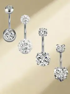 Cubic Zirconia Belly Button Ring Set, Stainless Steel 14g Heart Design Belly Piercing Jewelry, Rhinestone Belly Ring, Perfect for Women Party Wear, Holiday Gift, Body Piercing Jewelry, Body Jewellery