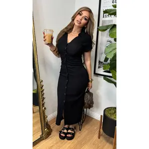 City Chic Button Up Maxi Dress (Black)