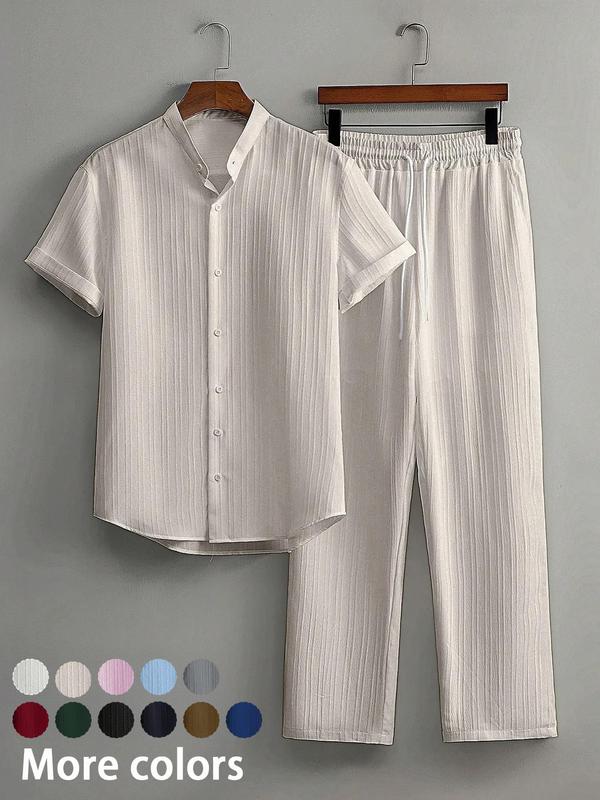 Two-Piece Set Men's Linen Set, Casual Short Sleeve Button Up Shirt & Pants Set for Summer, Men's Clothes for Beach Vacation