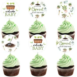 24pcs Greenery Sprout Cupcake Toppers A Little Sprout Is On The Way Cake Decorations Welcome Baby Cupcake Picks Spring Garden Theme Baby Shower Gender Reveal Party Supplies