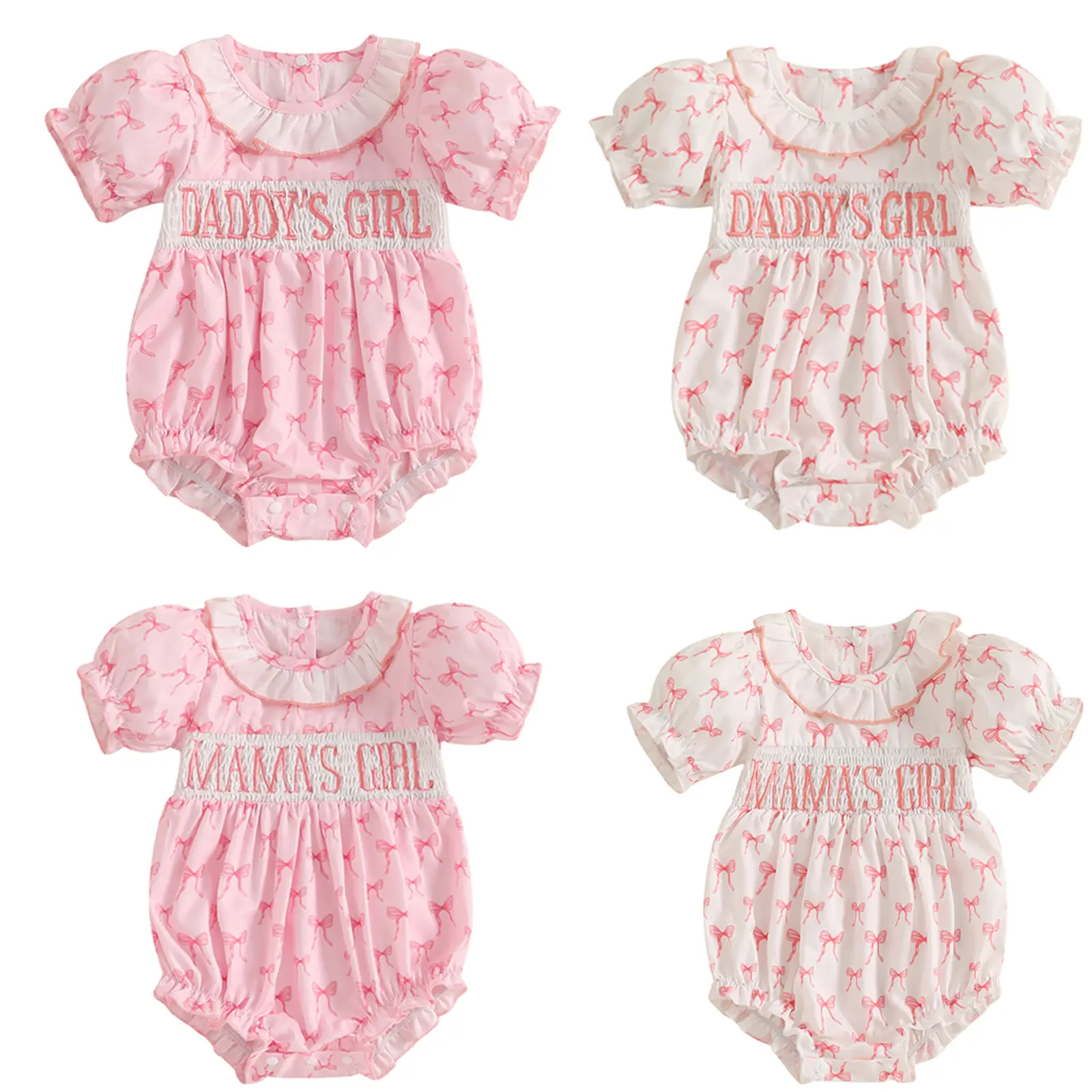 Newborn Baby Girl Bubble Romper Mamas Girl Dadys Girl Embroidery Cute Bow Print Puff Sleeve Smocked Bubble Jumpsuit Bodysuit Summer Clothes
